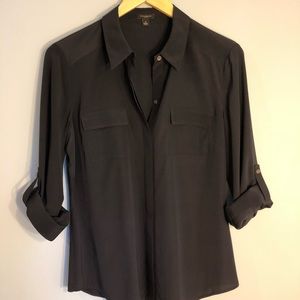 Ann Taylor Silk Long Sleeve Blouse Navy 8 EUC